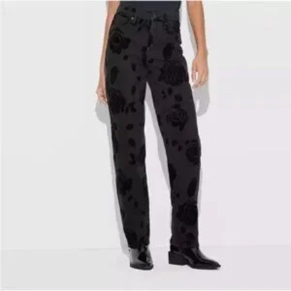 Wild Fable Jeans, Black Floral Flocked High Rise Straight Leg NWT - Picture 3 of 4